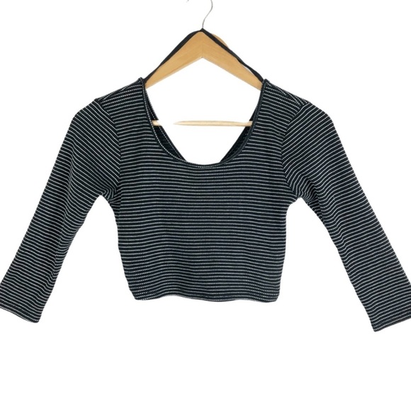 Black White Stripe Cropped Wrap Long Sleeve Womens Cut Out Top - Picture 12 of 16